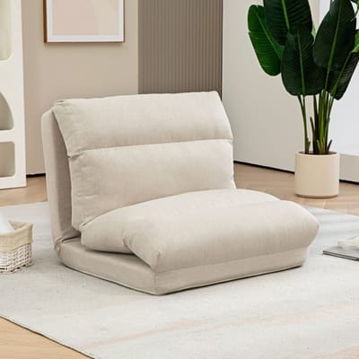 Wishdor - Vloerstoel - 6-Standen Verstelbare Rugleuning En Opvouwbaar - Modern Ontwerp - Voor Lezen Of Ontspannen - Polyester Met Linnenlook - Beige - 70 X 72 X 56 Cm
