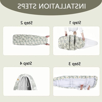 Strijkplankhoes 117-125 x 37-45 cm, Dikke Katoenen Hoes met Elastische Band, Geschikt voor Stoomstrijkijzers en Strijkplanken, Groene Daisy Design