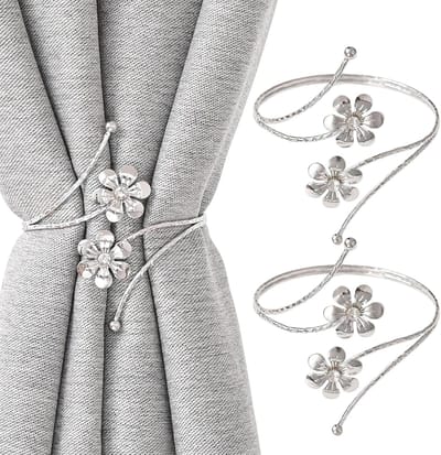 2 stuks Buigbare Zilveren Metalen Bloem Gordijn Tiebacks, Decoratieve Gordijnen Houders voor Home Office Decor
