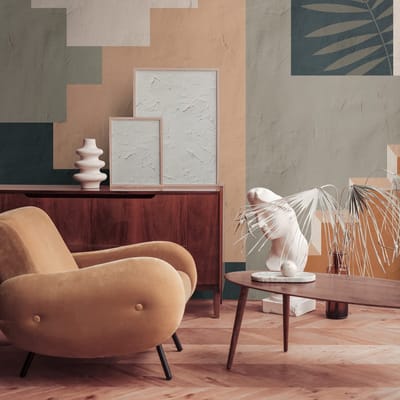 Fotobehang Profhome 398951-GU vliesbehang hardvinyl warmdruk in reliëf glad met architectonische motieven mat groen blauw oranje beige 3,71 m x 2,8 m