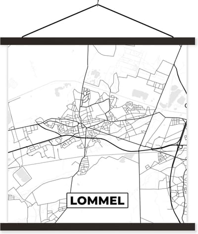 Posterhanger incl. Poster 60x60 cm - Schoolplaat - België – Lommel – Stadskaart – Kaart – Zwart Wit – Plattegrond - Textielposter - Zwarte latten - Stadskaart