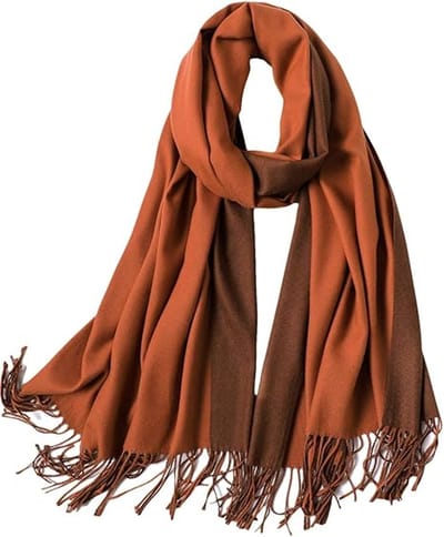 Tweekleurige sjaal voor dames van katoenmix, zacht en wollig, stola met franjes voor herfst en winter, 200 x 70 cm ,,Karamel en lichtbruin