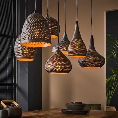 PS-Collection Punch Mix 4+3 Hanglamp - 100x45x150cm - Zwart/Bruin - Metaal - hanglampen eetkamer, hanglamp zwart, hanglampen woonkamer, hanglamp slaapkamer, hanglamp kinderkamer, hanglamp rotan, hanglamp hout, hanglamp industrieel