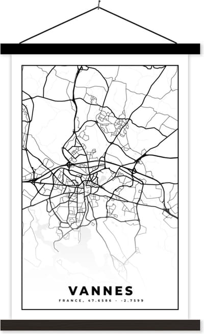 Posterhanger incl. Poster 40x60 cm - Schoolplaat - Kaart - Plattegrond - Vannes - Frankrijk - Stadskaart - Zwart wit - Textielposter - Zwarte latten - Stadskaart