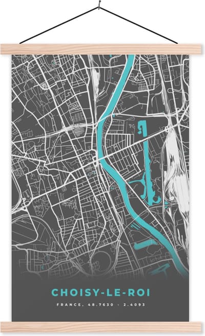 Posterhanger incl. Poster 40x60 cm - Schoolplaat - Plattegrond - Stadskaart - Kaart - Frankrijk - Choisy-le-Roi - Textielposter - Blanke latten - Stadskaart