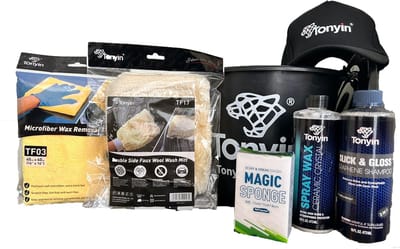Tonyin | Auto waspakket | Shampoo | Spray wax | Microvezel doek | Washandschoen | Magic spons | Wasemmer | Cadeau | Vaderdag