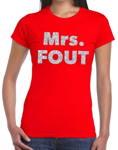 Mrs. Fout zilver glitter tekst - t-shirt - rood - voor dames - foute party kleding - Carnaval verkleedkleding XS