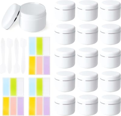 Set van 15 lege cosmetische potjes van 50 ml met schroefdop, inclusief 4 spatels en 3 labels voor DIY, opslag en reizen, ideaal voor crèmes en lotions