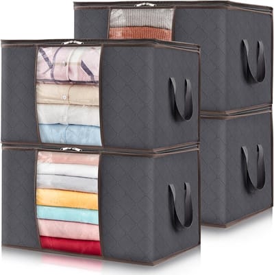 Famanu - Grote Capaciteit Kleding Opbergtas Organizer Met Versterkte Handvat Dikke Stof Voor Dekbedden, Dekens, Beddengoed, Opvouwbaar met Stevige Rits, Doorzichtig Venster, 4 Pack, 90L, Grijs