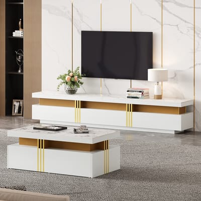 DESMIU Tv Meubel En Salontafel Set - Modern Opbergmeubel Voor Grote Televisies En Woonkamer - Marmerlook En Hoogglans - Spaanplaat - Wit