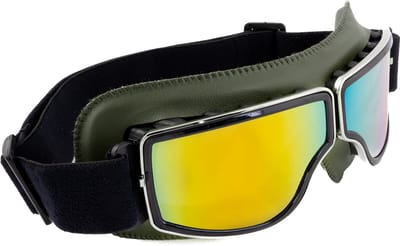 KIMU® Goggles Motorbril Skibril - Bril Groen Montuur - Oranje Spiegelglazen - Leatherlook Pilotenbril Vintage Motor Retro Steampunk Lederen Heren Festival