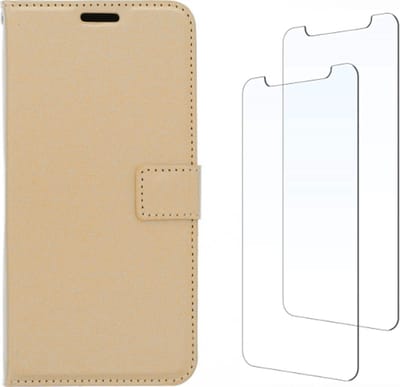 LuxeBass Samsung hoesje geschikt voor Galaxy A6 2018 hoesje book case + 2 stuks Glas Screenprotector goud gsm hoesje - telefoonhoes - telefoonhoesjes - beeldscherm - scherm - tempered glas