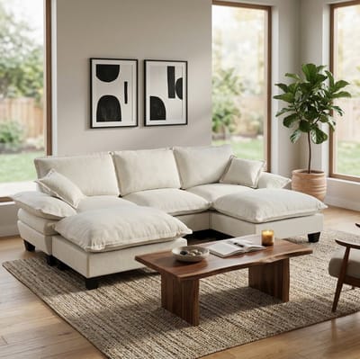 HAUSS SPOLE U-Bank - Modulaire Hoekbank - Met Verplaatsbare Ottomanen En Kussens - Voor Woonkamer En Appartement - Chenille Beige