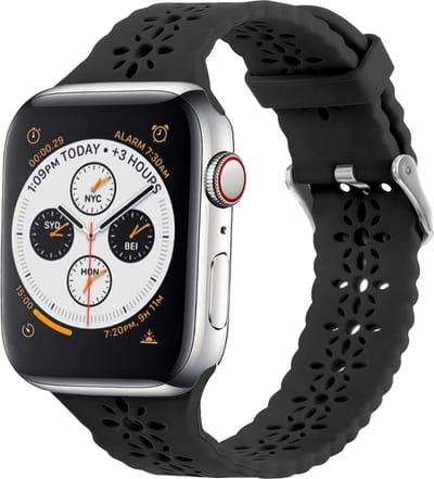 Strap-it Siliconen smartwatch bandje - Geschikt voor Apple WatchSeries 1/2/3/4/5/6/7/8/9/10/11/SE/SE2/SE3/Ultra (2) - Zwart- Siliconen horlogeband met patroon voor iWatch maat: 44mm / 45mm / 46mm / 49mm
