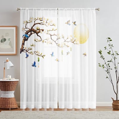 2 pièces de fleurs numériques HD et écran de fenêtre imprimé au clair de lune Style de décoration de la maison Tige décorative pour salon et chambre à coucher W52H63inchW132H160cm white