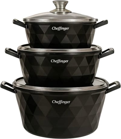 Cheffinger Pannenset - Diamond Line - 6-delig - 20, 24 & 28 cm - Zwart