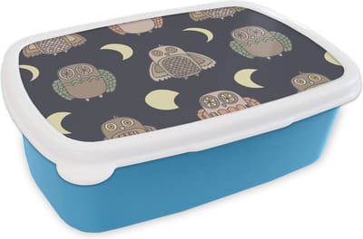 Broodtrommel Blauw - Lunchbox - Brooddoos - Uil - Patronen - Maan - 18x12x6 cm - Kinderen - Jongen