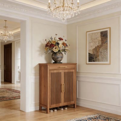 HAUSS SPOLE Schoenenkast - Vrijstaande Opbergkast Met Lamellendeuren En Lade - Voor Hal En Slaapkamer - MDF En Metaal - 80x36x109 Cm - Bruin
