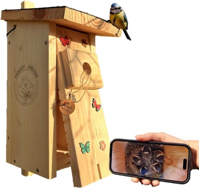 Core® Vogelhuisje met Camera – Nestkast Camera Oplaadbaar – Vogelvoederhuisje met Camera – Bruin - 25cm x 20cm x 36cm
