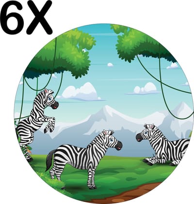 Luxe Ronde Placemat - Schattige Zebra's in het Bos - Getekend - Set van 6 Placemats - 50x50 cm - 2 mm dik Vinyl - Anti Slip - Afneembaar