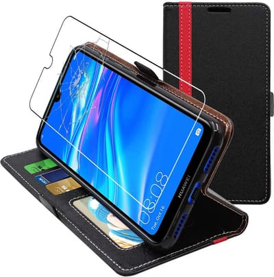 ebestStar - Hoes geschikt voor Huawei Y7 2019, Wallet Etui, Book case hoesje, Zwart, Rood + Gehard Glas