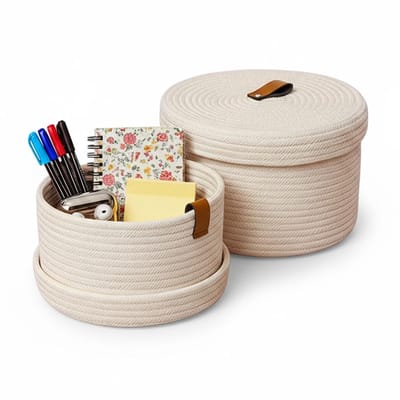Dailygoods- Opbergmand Met Deksel - Gevlochten Katoenen Mand - Multifunctionele Organizer - Wasbare Decoratieve Mand - Handvat - Set Van 2 - Opbergdoos