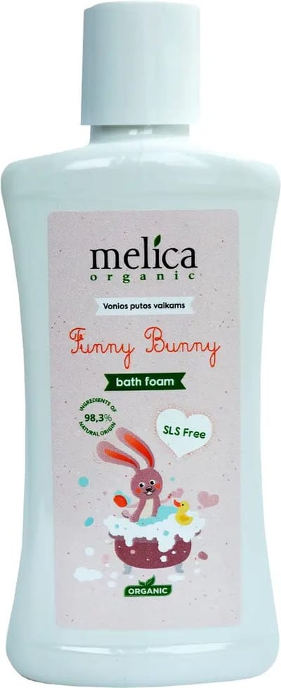 MELICA ORGANIC Biologisch 98,3% Natuurlijke BABY BADSCHUIM "FUNNY BUNNY" met FRUIT MIX zonder Parabenen, SLS, SLES met pompje 300ml