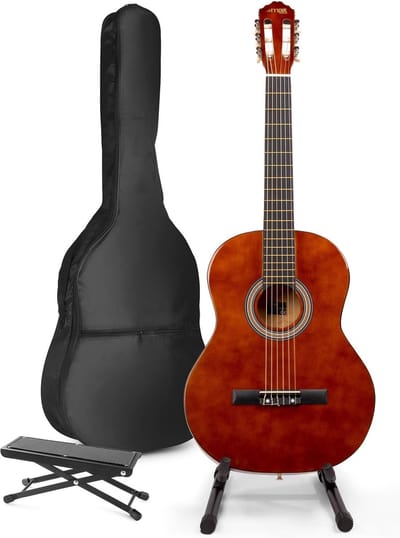Akoestische gitaar voor beginners - MAX SoloArt klassieke gitaar / Spaanse gitaar 4/4 - Met o.a. 39'' gitaar, gitaar standaard, voetsteun, gitaartas, gitaar stemapparaat en extra accessoires - Bruin (hout)