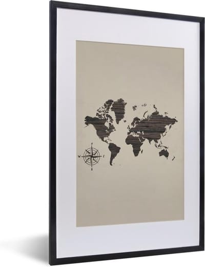 Poster in lijst - Fotolijst 40x60 cm - Posters - Wereldkaart - Hout - Kompas - Posterlijst zwart - Decoratie - Wanddecoratie woonkamer - Muurdecoratie slaapkamer