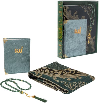 FIRASET Islamitische Gebedsgeschenkset – Gebedskleed, Fluwelen Yaseen Boek & Tasbih | Moslim Namaz Salah Set | Gemaakt in Türkiye