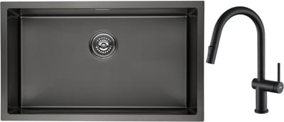 CECIPA max Spoelbak Antraciet 40x45CM - Met keukenkraan met uittrekbare uitloop - Spoelbak Keuken RVS - Geborstel Keuke n Spoelbak met Afvoersysteem