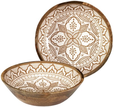 Home Deco Factory Salade serveer schaal - 2x - Fruitschaal/fruitmand - mango hout - D28 x H7 cm - bruin/print - Pure luxe