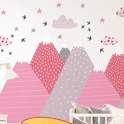 Kinderstickers met Scandinavische bergen, roze, 100 x 150 cm