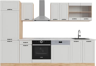 Vicco R-Line Complete keukeneenheid – 300 cm, WB Marmer Wit landhuis/gouden eik