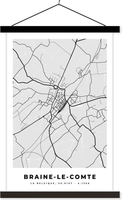 Posterhanger incl. Poster 40x60 cm - Schoolplaat - België – Braine le Comte – Stadskaart – Kaart – Zwart Wit – Plattegrond - Textielposter - Zwarte latten - Stadskaart