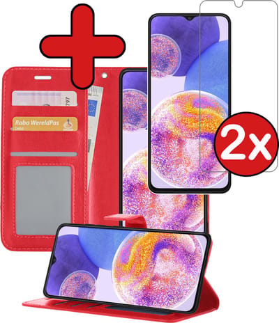 Hoesje - Met 2x Screenprotector - Geschikt voor Samsung Galaxy A23 - Luxe Pasjeshouder - Flip Case - Bookcase Portemonee - Kunstleer Book Case - Flipcase Hoes - Book Cover - Walletcase - Portemonneehoes - Telefoonhoes - Rood