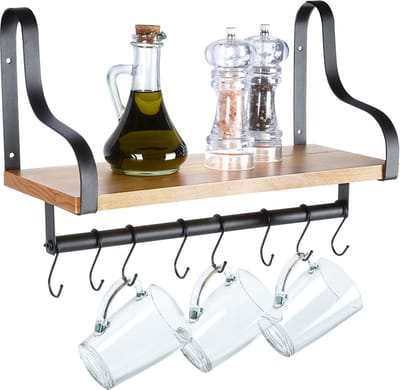 Wandplank met Rail en Haken Houten 43x18x26 cm - Wandrek