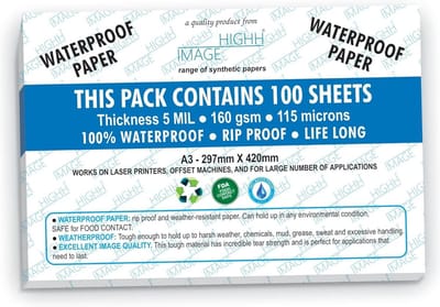 Waterdicht Papier - Synthetisch Papier - Duurzame Prints - Scheurvast Weerbestendig - A3 100 Vellen - Wit