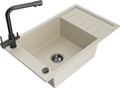 Mexen Elias granieten gootsteen met 1 kom, afdruiprek en keukenmengkraan Duero, beige - 6511-69-671600-70