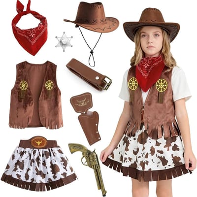 Cowboy Kostuum voor Kinderen met Hoed, Vest, Sjaal en Cowgirl Accessoires - Carnaval, Halloween, Cosplay Outfit voor Jongens en Meisjes