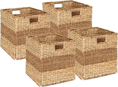 5Five gevlochten jute opbergmand met handvaten - 4x - naturel - 38 x 38 x 38 cm - Huiskamer - Luxe model