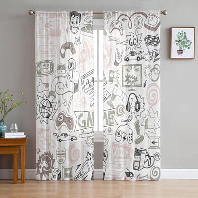 Gamepad Computertoetsenbord Transparante Gordijnen voor Woonkamerdecoratie Raamgordijnen voor Keuken Tule Voile Organza Gordijnen W135 x H115cm x1 white