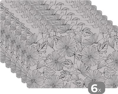 Placemat - Placemats kunststof - Bloemen - Zwart - Wit - Design - Flora - 45x30 cm - 6 stuks - Hittebestendig - Anti-Slip - Onderlegger - Afneembaar