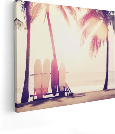 Artaza Canvas Schilderij Strand - 100x80 cm - Groot - Wanddecoratie Zee - Muurdecoratie Surfplanken - Schilderijen Op Canvas Palmbomen