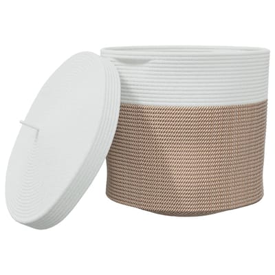 vidaXL - Opbergmand - met - deksel - Ø - 40x35 - cm - katoen - bruin - en - wit