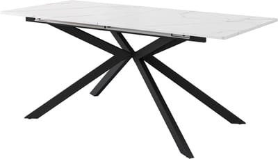 Uitschuifbare eettafel, automatisch uitschuifbare eettafel, rechthoekige eettafel, salontafel/loungetafel, L150/180 x B70 x H76 cm, kruispootontwerp, marmeren structuur, zwart en wit