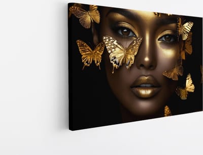 Saammp - Canvas Schilderij - Vrouw met goude vlinders - Abstract - 30x20 - Foto op canvas - Wanddecoratie - Muurdecoratie Woonkamer - Slaapkamer decoratie - Canvas Print