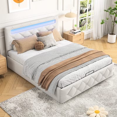 160x200cm Hydraulisch Tweepersoonsbed, Met LED-Hoofdbord En Ruime Opbergruimte Onder Het Bed, Stijlvol En Functioneel, Beige