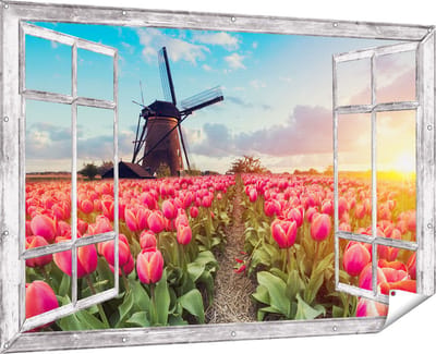 Gards Tuinposter Doorkijk Roze Tulpen Bloemenveld - met Windmolen - 180x120 cm - Tuindoek - Tuindecoratie - Wanddecoratie buiten - Tuinschilderij