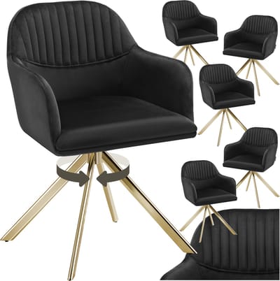 tectake® Fluwelen draaistoel - Bureaustoel - Eetkamerstoel met armleuningen - Fluwelen bureaustoel, keukenstoel, woonkamerstoel - 56 x 59 x 81 cm - Set van 6 - Zwart/goud
